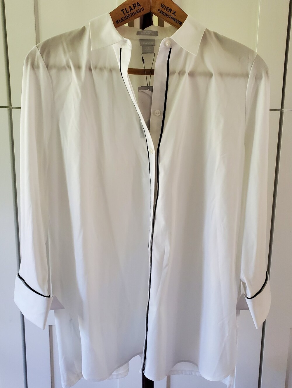 Chico's White Button-Down‎ Shirt with Black Piping